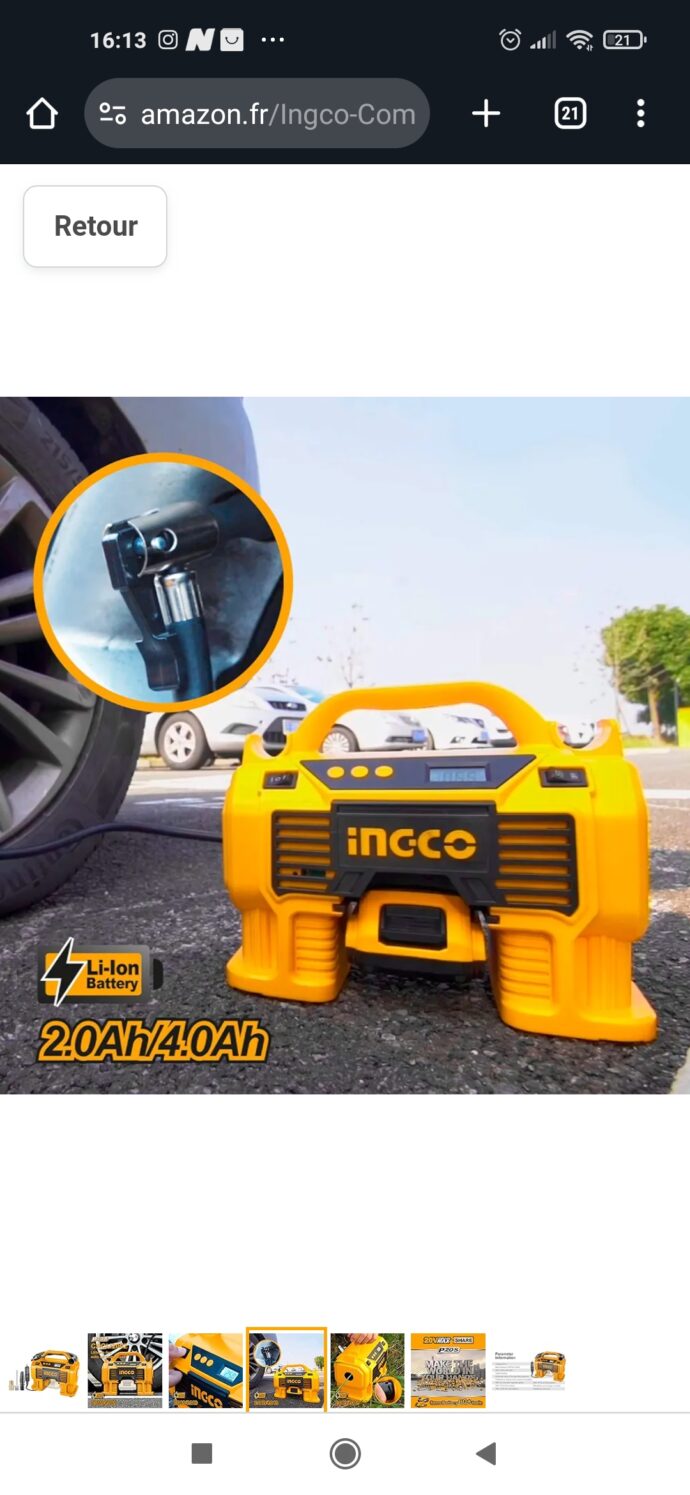 Mini compriseur auto ingco 12v/20v 11 bar sans batterie – Image 2